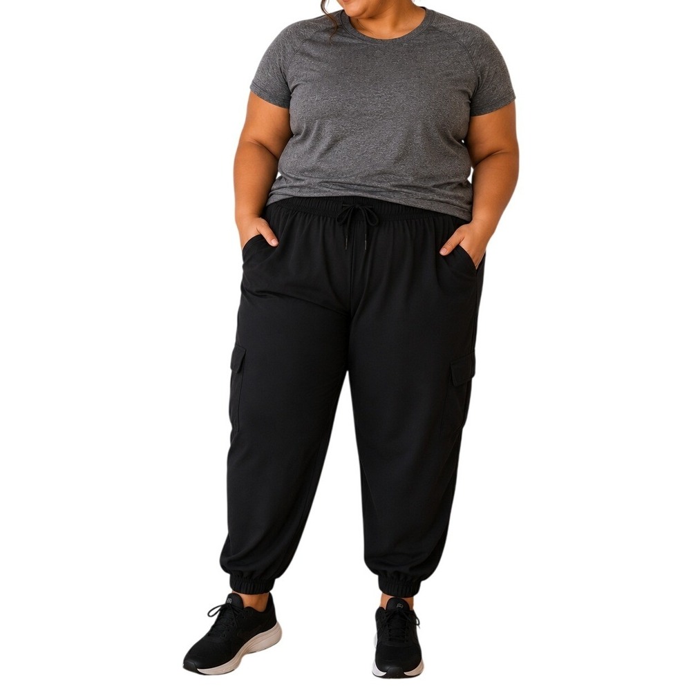 Tek Gear Cargo Jogger Pants Womens 3XB Black Elastic Drawstring Stretch Athletic